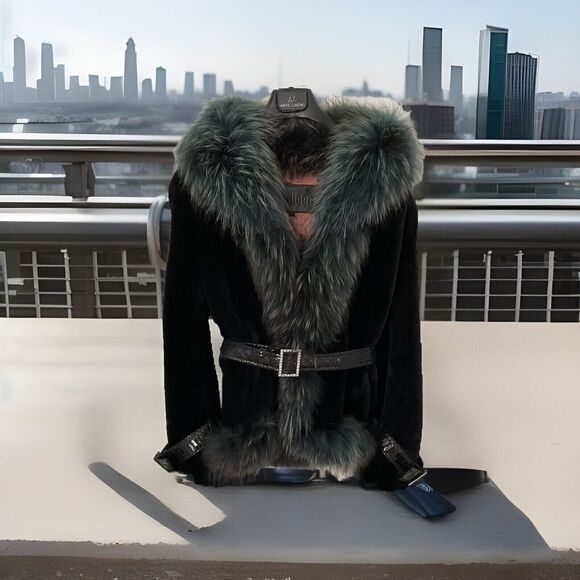 NEW Rosleen BLUE FUR COAT LEATHER BELT ACCENTS FULLY LINED ZIP SIZE 18 - Picture 2 of 15